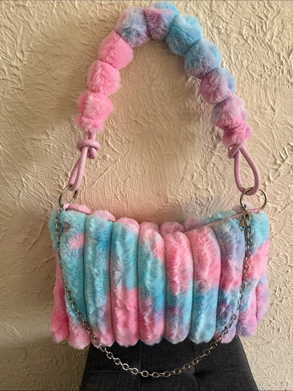 Pastel Tie-Dye Faux Fur Shoulder Bag - Pink & Blue